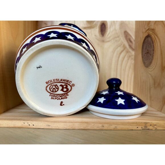 EUC Boleslawiec Polish Pottery Stars & Stripes Red Wht Blu Covered Sugar Bowl 5" - Picture 6 of 7